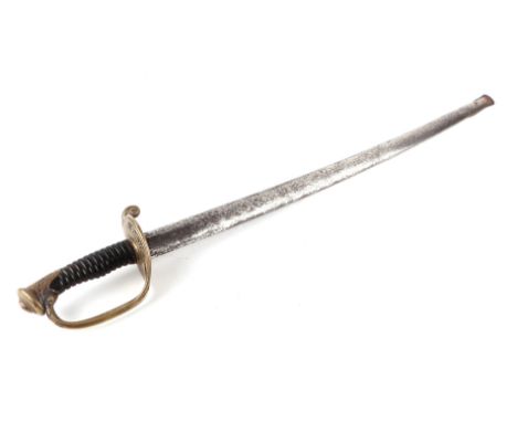 A mid 19th century French Light Cavalry officers sword, model 1845 in its steel scabbard. Having a single edged slightly curv