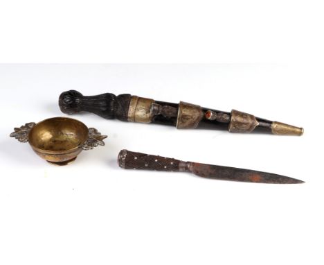 A Victorian Scottish childs Skean Dhu dress dagger (no blade) a Scottish horned handled dagger together with a small Quaich (