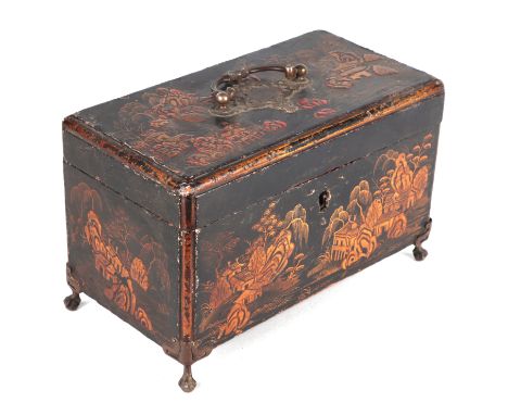 An early 19th century chinoiserie lacquer three-division tea caddy decorated with a landscape scene on a black ground, on bal