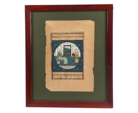 An Indo-Persian watercolour depicting figures within a roundel and calligraphy, framed & glazed, 12 by 17cms.