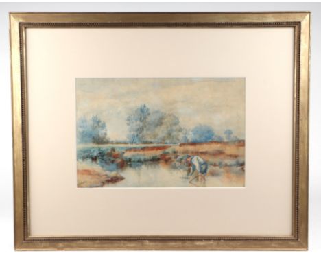 E S Martin - A Summer's Day - a young boy playing with a pond yacht, signed lower left, watercolour, framed & glazed, 36 by 2