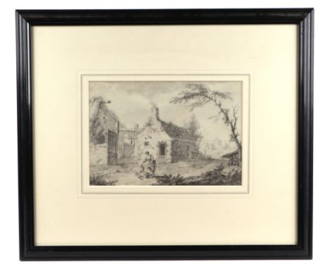 Jean-Baptiste Huet (1745-1811) - Farm Building with Peasant Girl Feeding Chickens - pencil sketch, framed & glazed, 24 by 17c