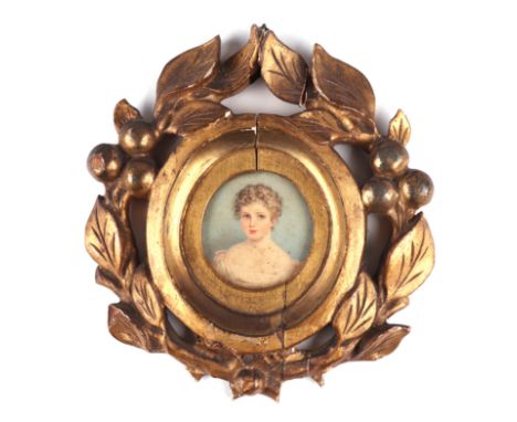 An early 19th century portrait miniature on paper, depicting Lady Jane Fitzgerald, in a Florentine giltwood frame, named and 