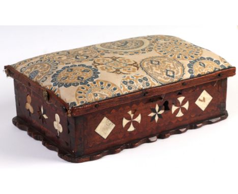 Early 18th century mahogany box inlaid with bone and ebony, playing card suits with upholstered lid, 30cm wide, inscribed to 