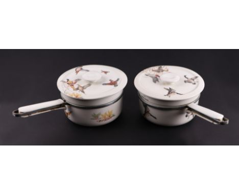 A pair of French ceramic saucepans decorated game birds, retailed by Asprey of London  17cm diameter (2)Condition ReportOne o