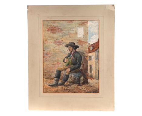 After William Cossens Way (1833-1905) study of a Spanish Gentleman smoking a pipe seated on a rock, initialled WCW lower left
