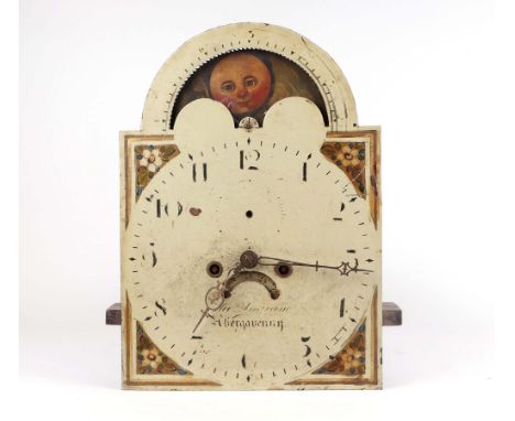 A longcase clock movement with arched painted moon phase dial.