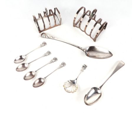 A quantity of silver and silver plated items to include a George III silver Old English pattern serving spoon, London 1813, i