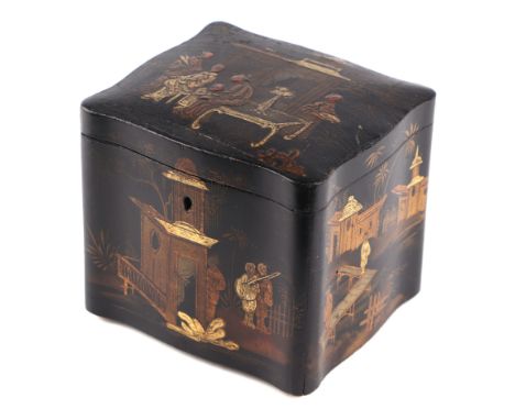 A 19th century chinoiserie lacquered tea caddy decorated with figures on a black ground, 13.5cms wide.