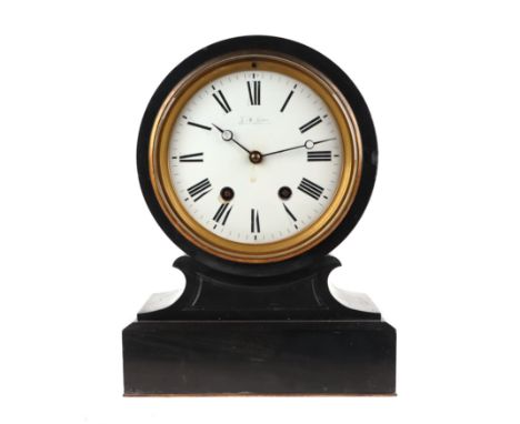 A Victorian black slate mantle clock, the white enamel dial with Roman numerals signed J, W. Lowmax, Paris and Manchester, mo