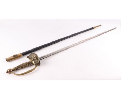 A 1853 model French Gendarmerie Military Justice Officers sword with folding/locking rear knuckle guard in its leather scabba