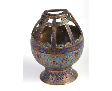 A Kashmir enamel and gilded copper incense burner, 14cm high