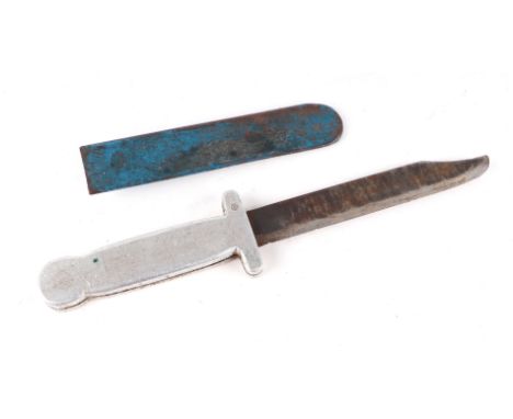 A WWI fighting knife with single edged dagger blade 15cms (6ins) and aluminium handle and crosspiece in a metal scabbard