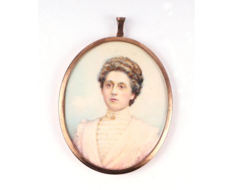 A late Victorian / Edwardian oval portrait miniature of a lady wearing a ruffled blouse, pearl choker and white dress, waterc