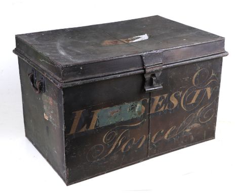 A painted tin deeds trunk, the front panel having painted calligraphy 'LEASES IN FORCE' 48cm wide 