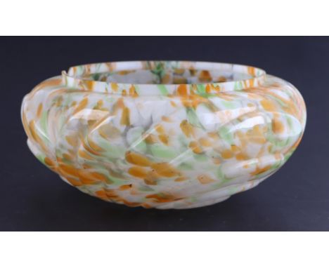 A pre WWII glass ceiling light shade, 30cms diameter; together with other glass lamp shades including a pair decorated with b