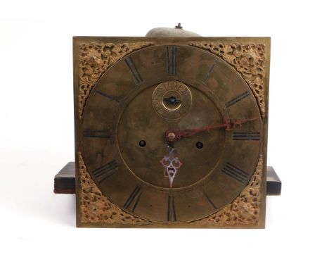 A late 18th century 8-day longcase clock movement striking on a bell, the 28cms brass dial with Roman numerals, subsidiary se