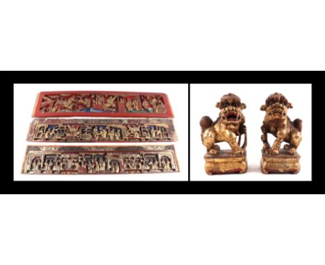 A group of Chinese giltwood rectangular panels depicting figures, the largest 82cm wide; together with a pair of giltwood tem