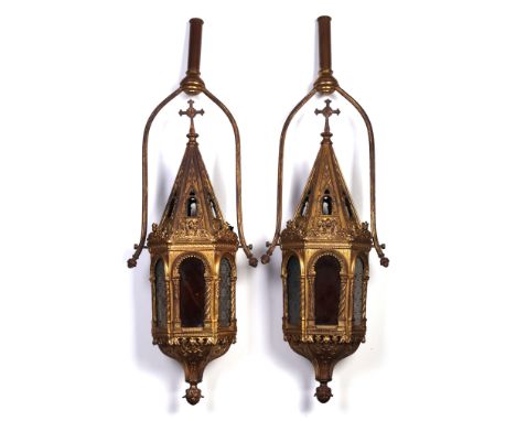 A pair of 19th century gilt brass and glass processional lanterns on swivel mounts or attaching to rods, of hexagonal form wi