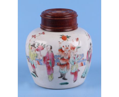 A 19th century Chinese famille rose ginger jar decorated with figures, with hardwood cover and red seal mark to the underside