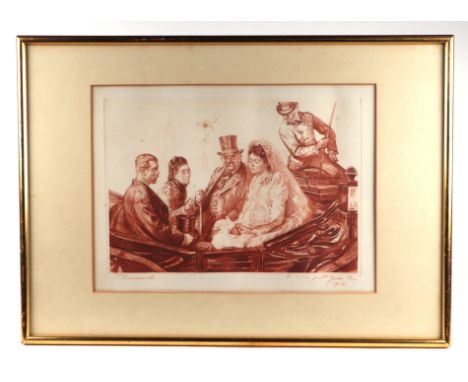 Charles Paul Renouard (French 1845-1921) Bridal party in a carriage, signed and dated 1912, rouge etching, framed and glazed,