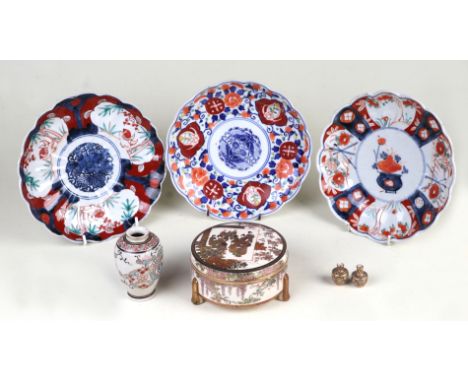 A Japanese satsuma box and cover, decorated gilded figures (AF) 13cm diameter, a pair of Japanese satsuma miniature vases, 2.