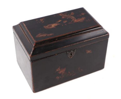 A Japanese lacquer tea caddy decorated in slight relief with birds flowers and insects, 20cm wide. 