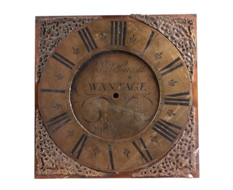 An 18th century longcase clock with birdcage movement and 25cms square brass dial, the chapter ring with Roman numerals, sign