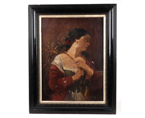 19th century continental school - a half length portrait of a lady wearing flowers in her hair, indistinctly signed & dated l