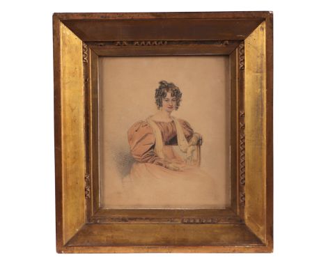 A 19th century portrait miniature of a young lady wearing a pink dress, pencil and watercolour, framed & glazed, 15 by 18cms.