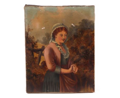 Victorian school - Landscape with Half Length Portrait of a Young Girl Wearing a Blue Bonnet - oil on canvas, 21 by 25cms, un