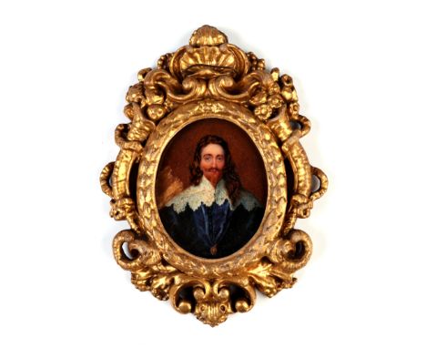 A 19th century oval portrait miniature depicting Charles I in ornate gilt gesso frame, 6.5cm by 8.5cm overall 14cm by 18cm, I