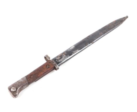 A WWII Czechoslovakian VZ98/22 Mauser bayonet in its steel scabbard. Marked to the ricasso CSZ I. Blade length 30cms (11.75in