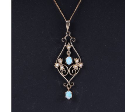 A 9ct gold opal and pearl pendant on a fine 9ct gold chain, 2.9g.
