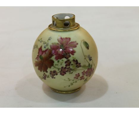 1898 Royal Worcester bulbous vase with painted flowers on blush ground. Height 10cm.