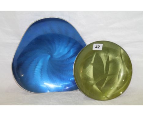 1970's Norwegian "Eloxsoren" blue enamel on aluminium tray together with another similar. 26cm diameter and 19cm diameter