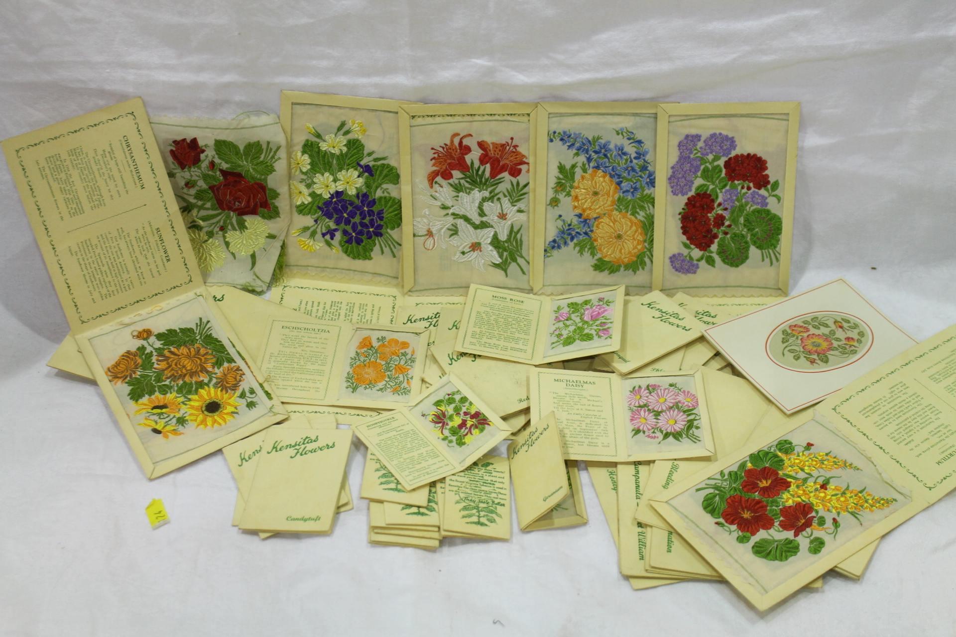 Collection of "Kensitas Flowers" embroidered cigarette cards, in small