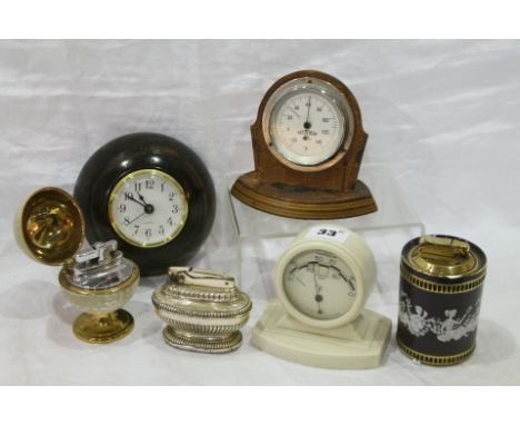 Six desk items, three lighters including Ronson golf ball lighter, two thermometers, including Art Deco white plastic and a w