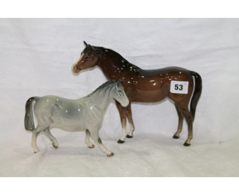 Beswick brown gloss horse, and another grey Bretby horse.