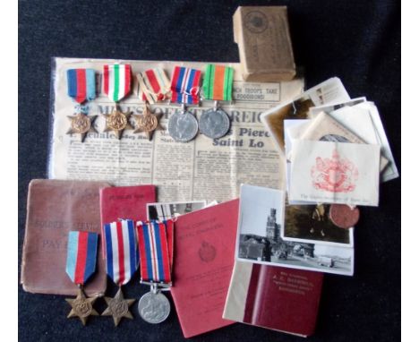 WWII group. 39-45, Africa with 1st Army clasp, Italy Stars, War and Defence Medals; to 14658289 Spr. J.E. Raybould. R.E. With