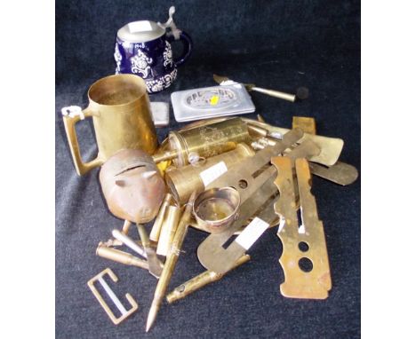 Box of various trench art items inc. cigarette cases. Four button sticks. Also Guards Division commemorative mug, Rhein, 1945