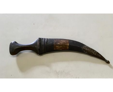 19th century Arab Jambiya Dagger with Rhino Handle brass bound leather Scabbard with old museum Label 