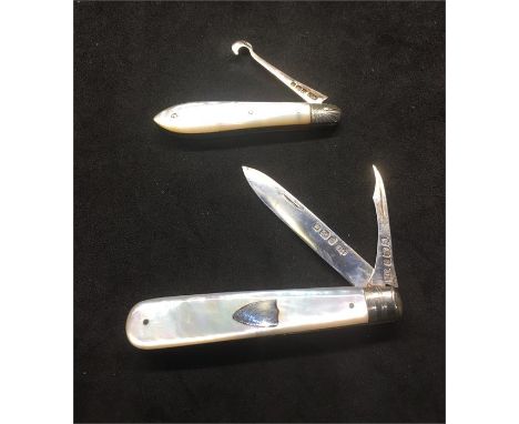 2 Antique Silver & mother of pearl combination Knife and Button Hook 