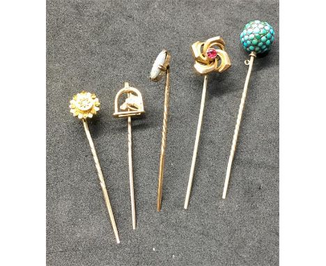 Collection of 5 Antique Gold Stick Pins one set with small diamond , horse shoe ,Opal etc