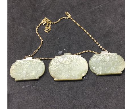 9ct Gold Chain with 3 Jade Panes each with engraved script 