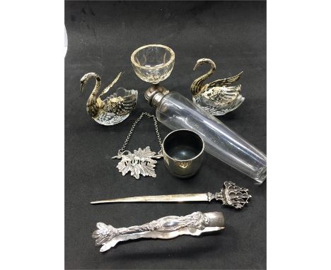 Collection of Silver & White metal Items includes 2 swan salts ,flask ,port label ,victorian silver hallmarked Salt ,Silver s