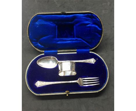 Hallmarked Silver Boxed Christening Set napkin ring spoon & Fork  engraved 1915 on serviette ww1 period  in good condition we