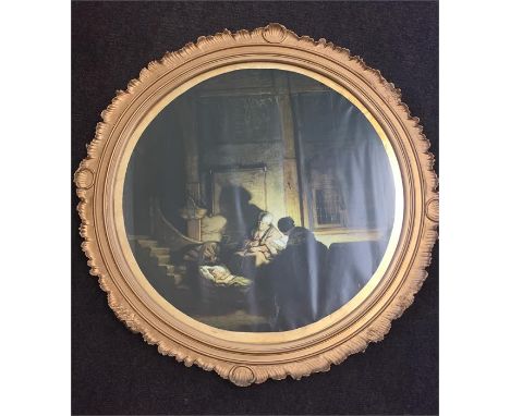 Guilt framed circular print, approx measurements: 25 inches in diameter