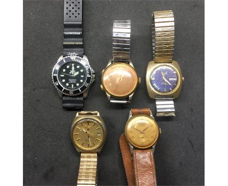 Collection of 5 Vintage Wristwatches includes divers watch Elena Chronograph, Pulsar etc all for restoration A/f