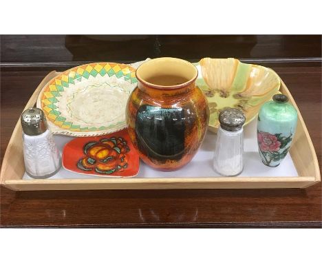 Tray of misc antique and vintage items includes poole pottery, silver topped sifter etc